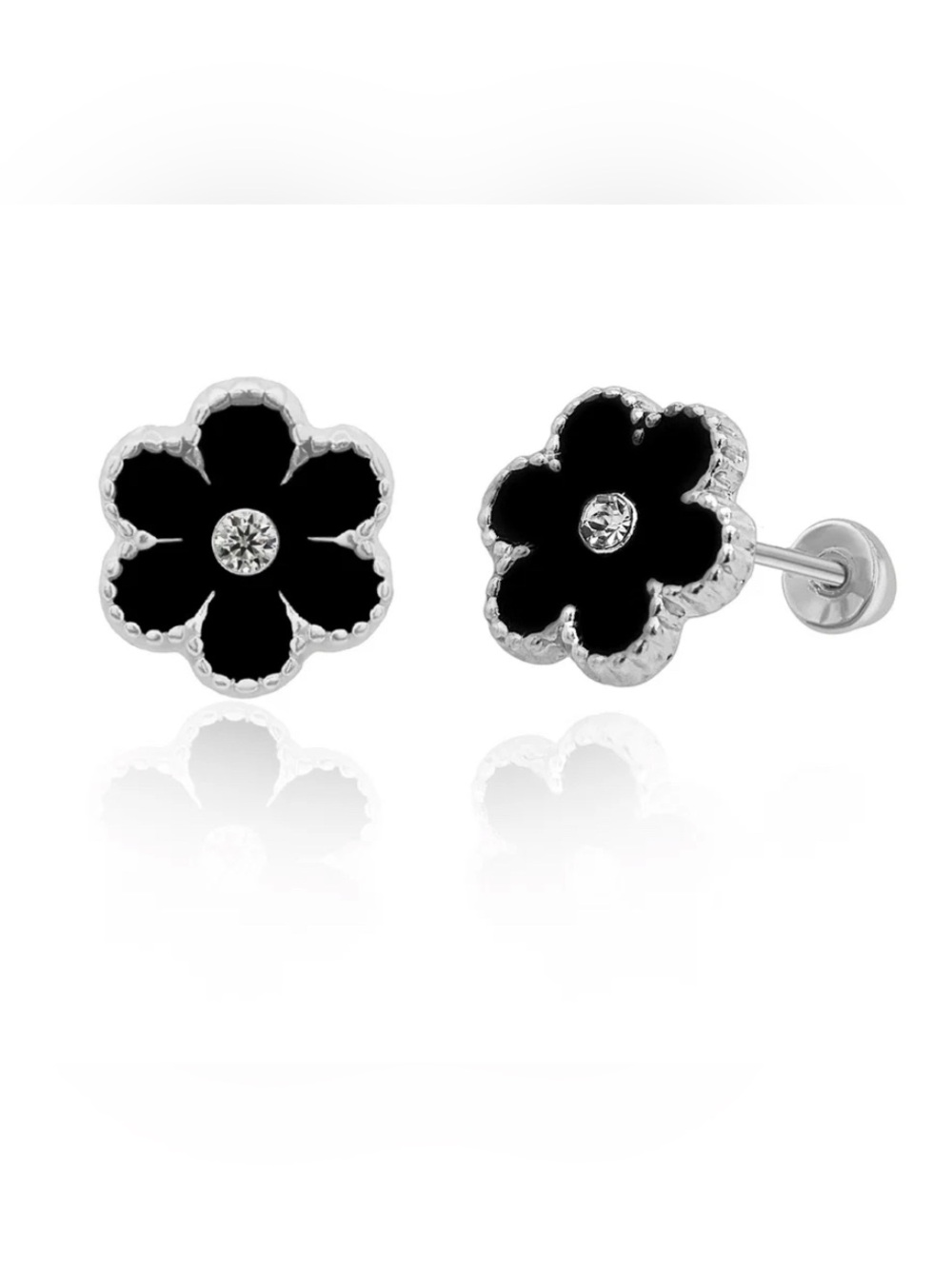 925 Sterling Silver Black Flower Screw Back Stud Earrings